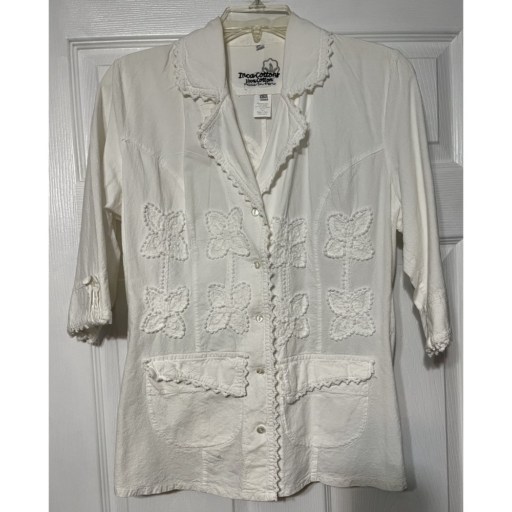 Inca‎ Cottons Shirt Womens Large White Button Up 3D Flower Design 3/4 Sleeve